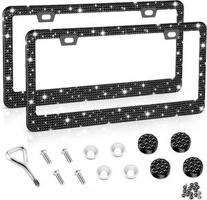 lot 391795 image: Amiss Bling License Plate Frame for Women, 2Pack Rhinestone Handcrafted Crystal Premium Stainless Steel, Stainless Steel Car Accessories with Diamond Sparkle Glitter Caps (Black)