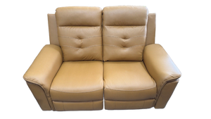 lot 104 image: Tan Leather 2-Seat Power Reclining Loveseat - Retail $550