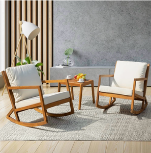 lot 105 image: Outdoor Conversation Rocking Chairs, 3-Piece Patio Bistro Set, 400 lbsFSC-Certified Acacia Wood - Triangular Solid Support - WaterWeather Resistant - Retail $425