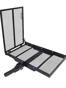 lot 128 image: ECOTRIC 46.2 X 26.8 X 38.7 Inch Hitch Cargo Carrier WRamp Foldable 500 LbsTrailer Hitch Mount Steel Wheelchair Carrier Mobility Scooter Ramp 2 Hitch Receiver for Snow Blower SUV Truck Van Car - Retail $135