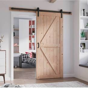 lot 129 image: 36in x 84in Wood Barn Door with 6.6FT Barn Door Hardware Kit Included K Shape Solid Spruce Panel Need to Assembly - Retail $178