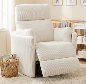 lot 134 image: Oversized Power Rocking Chair Nursery with USB, 2 Pillows, Cream275° Swivel Rocking Chairs for Adults, Corduroy Oversized Rocker Recliners High Back Chair for Living Room, Bedroom, Nursery - Retail $409