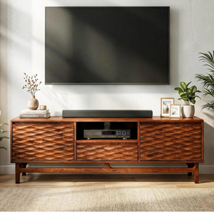 lot 138 image: Acacia Elara Wood TV Stand for TVs up to 75 Inch Entertainment Center with Storage Shelves and Cable Management, Mid Century Modern TV Media Console Wood TV Stands for Living Room Bedroom, Walnut - Retail $609