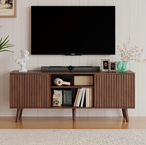 lot 139 image: 55 inch Fluted TV Stand with Storage, Mid Century Modern Entertainment Center with Adjustable Shelf, TV Table Stand up to 65 Inches TVs for Living Room, Bedroom, Walnut - Retail $149