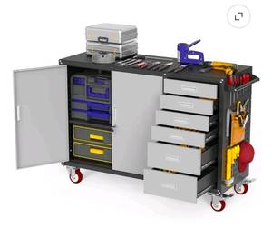 lot 142 image: 55 W Rolling Workbench with 6 Drawers and Storage Cabinet,1000 LB Capacity Heavy Duty Work Bench with Pegboard and Adjustable Shelf,Garage Workbench with Wheels for Repair ShopWorkshop - Retail $269