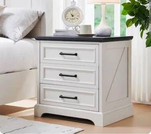 lot 145 image: Nightstand with Charging Station Farmhouse Bedside Table with 3 Drawers and Handles for Bedroom and Living Room 24-in Wide White - Retail $139