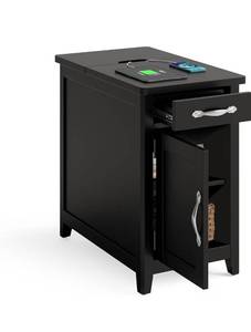 lot 152 image: LINSY HOME Charging End Table with USB Ports, Wooden Door, BlackBuilt-in Charging station with USB & outlet, drawer storage, detachable cup holder, farmhouse, compact, livingbedroom - Retail $129