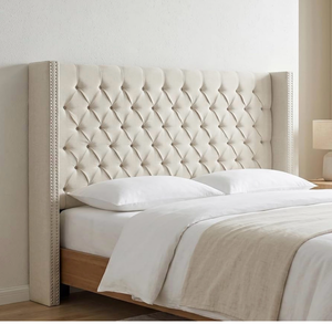 lot 166 image: Madison Park Amelia Upholstered Headboard  Nail Head Trim Wingback Button Tufted  King, Cream - Retail $499