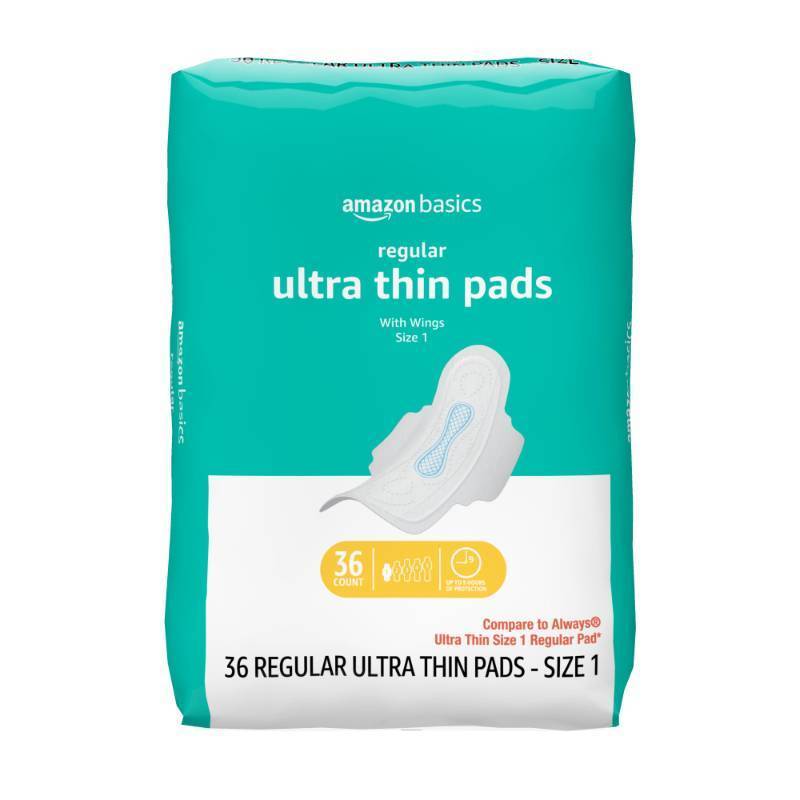 lot 39142 image: Amazon Basics Regular Absorbency Feminine Pads for Women, Ultra Thin with Flexi-Wings, Unscented, Size 1, 8-Hour Protection, Leak Prevention, 36 Count - Retail $5
