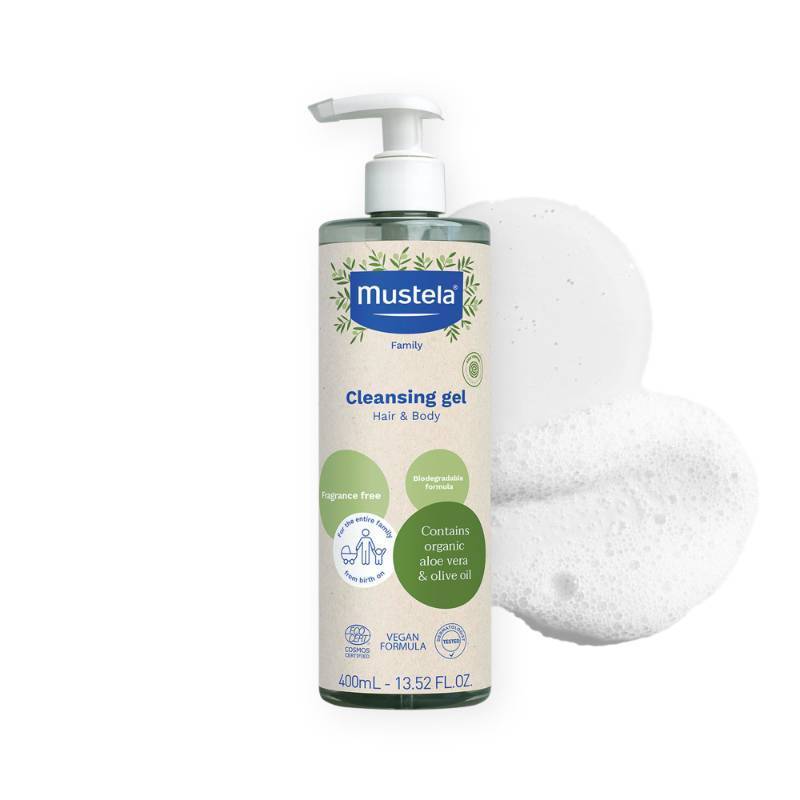 lot 39172 image: Mustela Certified Organic Cleansing Gel - Natural Hair & Body Wash with Olive Oil & Aloe Vera - For Baby, Kid & Adult - Fragrance Free, Vegan & Biodegradable - 13.52 fl. oz. - Retail $21