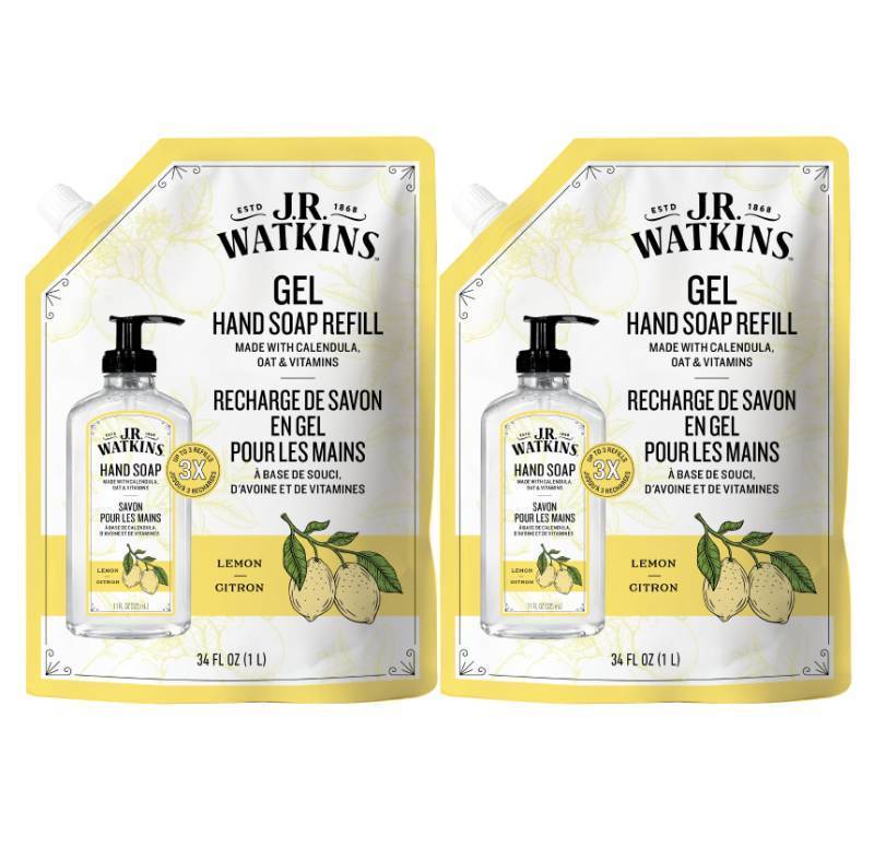 lot 47371 image: J.R. Watkins Moisturizing Gel Hand Soap Refill 2 Pack, Lemon, 34 fl oz - Retail $19