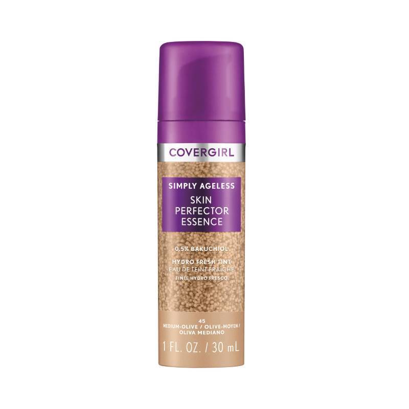 lot 59619 image: Covergirl Simply Ageless Skin Perfector Essence Foundation, 45 Medium-Olive, Tinted Skincare Makeup Hybrid, Sheer Tint, Radiant Finish, Glowy Finish, Vegan Formula, 1.0oz - Retail $15