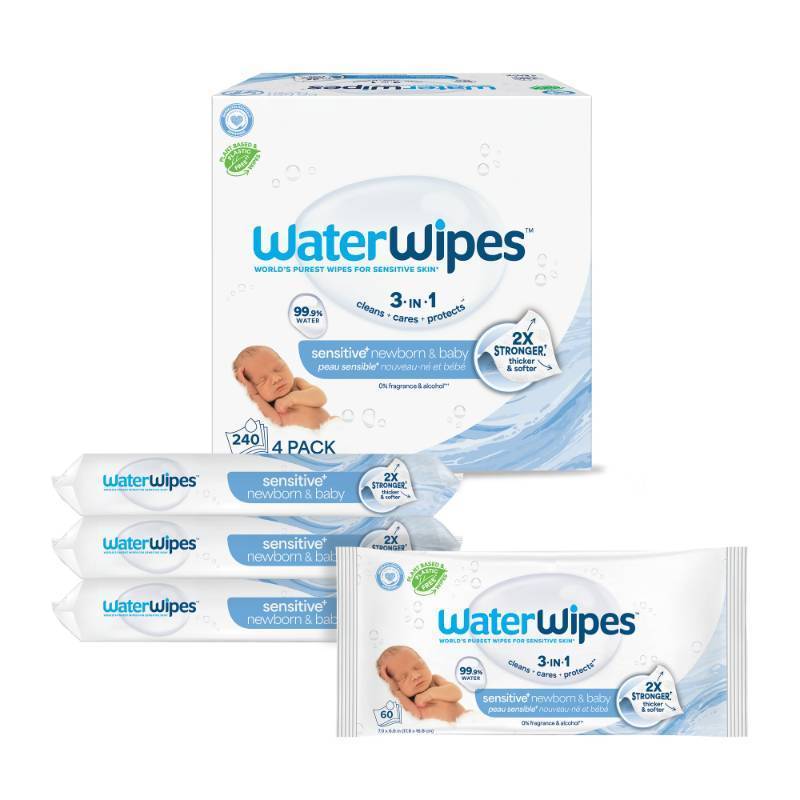 lot 64716 image: WaterWipes Sensitive Newborn & Baby Wipes, 3-In-1 Cleans, Cares, Protects, 99.9% Water, Unscented & Hypoallergenic, 240 Count (4 Packs) - Retail $16