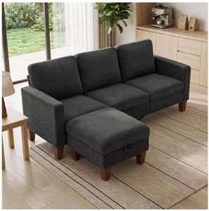 lot 47560 image: L Shaped Corduroy 3 Seater Couch Sofa with Ottoman, Dark Gray. Item May Not be same as Stock Photo. - Retail $500
