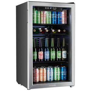 lot 47566 image: hOmeLabs Beverage Refrigerator and Cooler - 120 Can Mini Fridge with Glass Door for Soda Beer or Wine - Small Drink Dispenser Machine for Office or Bar with Adjustable Removable Shelves - Retail $290