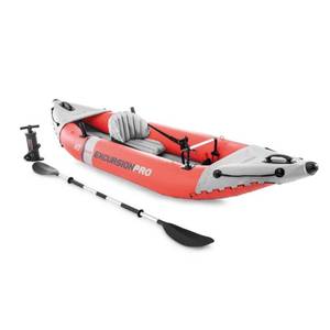 lot 47569 image: Intex Excursion Pro K1 - 10  Inflatable Kayak Set - Orange & Gray  Aluminum Paddle Oars  Pump  Fishing Rod Holders  Adjustable Bucket Seat  220lb Cap - Retail $230