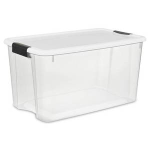 lot 47574 image: Sterilite 70 Quart Clear Plastic Storage Bin with White Lid & Black Latch - Retail $69