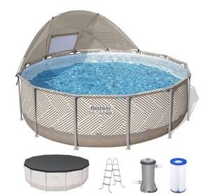 lot 47580 image: Bestway Steel Pro MAX 13x42 Metal Frame Above Ground Pool, Canopy, Pump, Ladder, & Cover - Retail $400