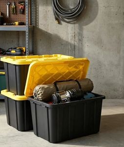 lot 47585 image: 4-piece 27-gallon Stackable Lid Storage Box, Garage Home Truck Moving - Retail $92