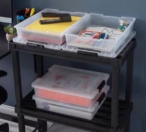 lot 47590 image: 3-Pack 6 Qt Storage Bins with Lids, ClearBlack14L x 11W x 3.25H - Craft Organizers, Plastic Clip Box Totes, 4 Lids. - Retail $20