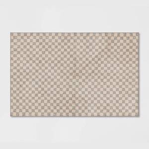 lot 21147 image: 26x4 Washable Checkerboard Plush Accent Rug - Threshold Indoor Gray Medium Pile, Skid-Resistant, OEKO-TEX Certified - Retail $40