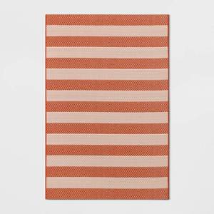 lot 21155 image: 4x6 Wide Stripe Rectangular Woven Outdoor Area Rug Red - Room Essentials - Retail $35