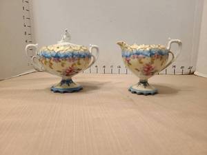 lot 3 image: R.S. Prussia porcelain pedestal Creamer and Sugar