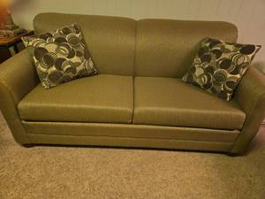 lot 833 image: Light sage green hideabed, 34x74x36, floor to seat 17, includes 2 throw pillows, located in basement
