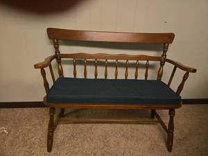 lot 835 image: Wood Spindle Back Bench with Dark Green Cushion Seat, 34x41x19, floor to seat, 17in.