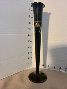 lot 1010 image: Black amethyst hand painted bud vase, 10 inches tall.
