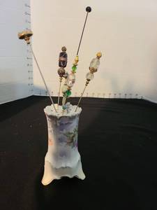 lot 1012 image: Antique R.S. Prussia Hat Pin Holder with 7 Decorative Hat Pins