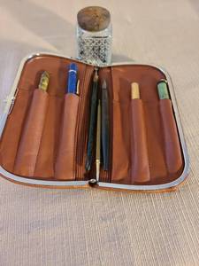 lot 1019 image: Calligraphy Pen Set with Leather Case and glass inkwell jar with metal lid