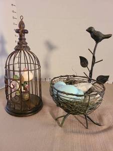 lot 1040 image: Decorative Birdcage and Bird Nest with Eggs Set 2 Piece, 11in tall