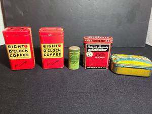 lot 1055 image: 2 Vintage Eight O clock coffee tin coin banks and other vintage tins