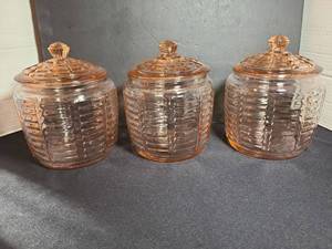lot 1056 image: Set of 3 Pink Depression Glass Lidded Candy Jars with Geometric Pattern
