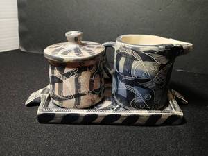 lot 1070 image: Sgrafitto Ceramic Condiment Set with Fish Motif Covered Dish Creamer and Tray