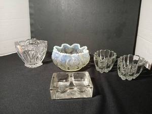 lot 1075 image: Princess spoon and Fork rest, double salt cellar, Blue opalescent with jeweled  heart pattern,  and dish