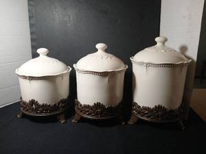 lot 1089 image: 3-Piece Covered Jars with Metal stands