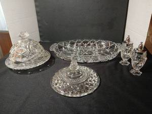 lot 1094 image: Cut Glass Tableware Lot Butter Dish with extra lid  salt and pepper  Shakers and relish tray