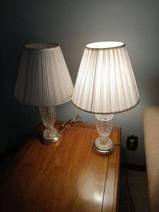 lot 1097 image: Pair of Table Lamps with Cut Glass Bases and Pleated Shades 22 inches tall