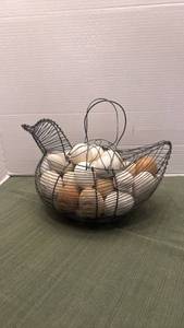 lot 1102 image: Vintage-style hen wire basket features an open-work metal design filled with a mix of faux white and brown eggs