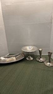 lot 1109 image: MCM stainless steel serving tray, silver plated candle holders and pedestal candy dish
