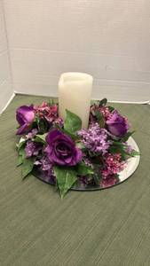 lot 1119 image: Floral Candle Centerpiece with Purple and Pink Flowers on beveled mirror plate