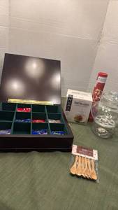 lot 1120 image: Ashbys tea with felt lined wooden organizer, flowering tea leaves with pot, tea pot and warmer with bamboo spoons and chopsticks