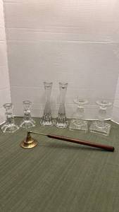 lot 1124 image: 3 pairs of glass candle stick holders and snuffer