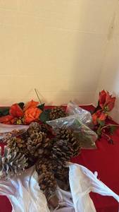 lot 1204 image: Holiday Floral Decorative Lot Poinsettia Pinecones Berries