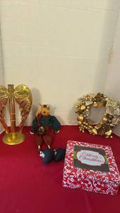 lot 1206 image: Christmas Decorations Lot Angel wing Candelabra Bear,Wreath, and Tin Box