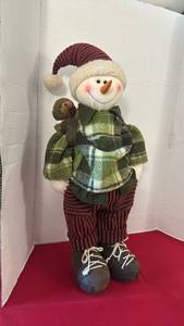 lot 1212 image: Snowman Figure with Plaid Jacket and Small Bear Accessory 27 inches tall