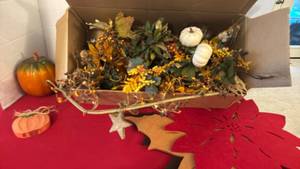 lot 1228 image: Fall Autumn Decorative Bundle - Floral Stems, Decorative Pumpkins, Leaf Placemats