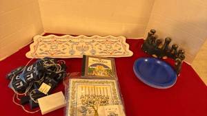 lot 1230 image: Hanukkah Decorations Lot - Menorah, Plates, Platter, LED String Lights
